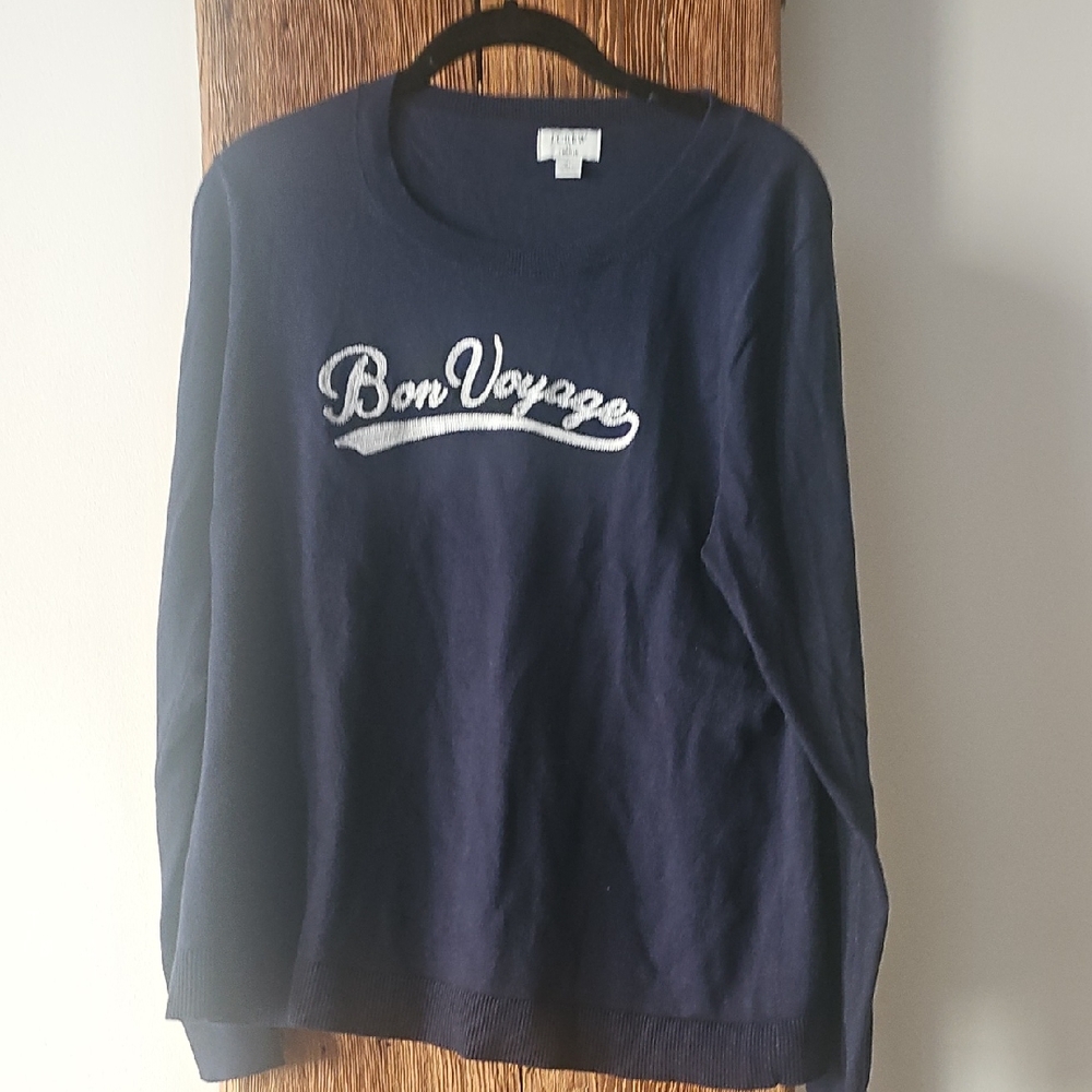 J. Crew Women's Teddie 100% Cotton Navy Blue Crew Sweater Sz XL "Bon Voyage"